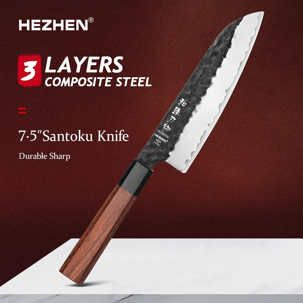 HEZHEN 1PC-5PC Set di coltelli da cucina Chef Utility Acciaio inossidabile 3 strati Acciaio composito Santoku Nakiri Accessori da cucina