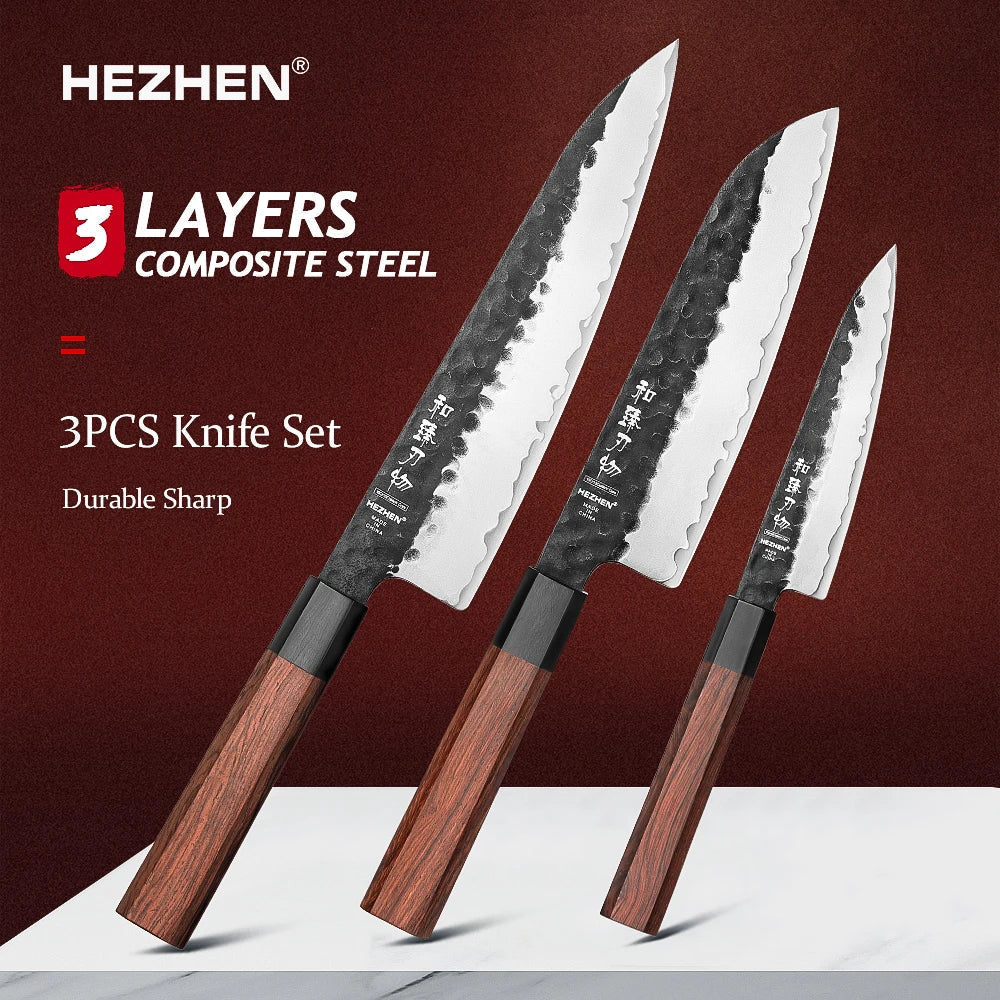 HEZHEN 1PC-5PC Set di coltelli da cucina Chef Utility Acciaio inossidabile 3 strati Acciaio composito Santoku Nakiri Accessori da cucina