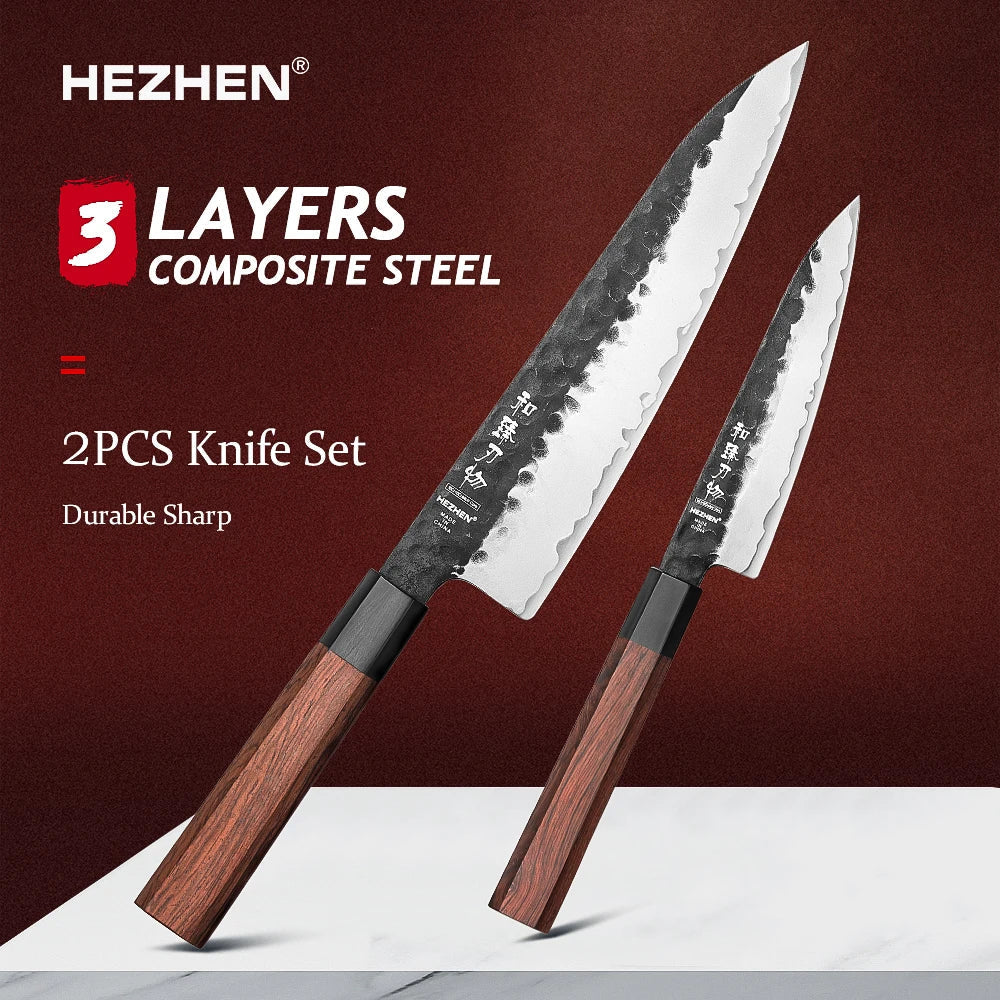 HEZHEN 1PC-5PC Set di coltelli da cucina Chef Utility Acciaio inossidabile 3 strati Acciaio composito Santoku Nakiri Accessori da cucina