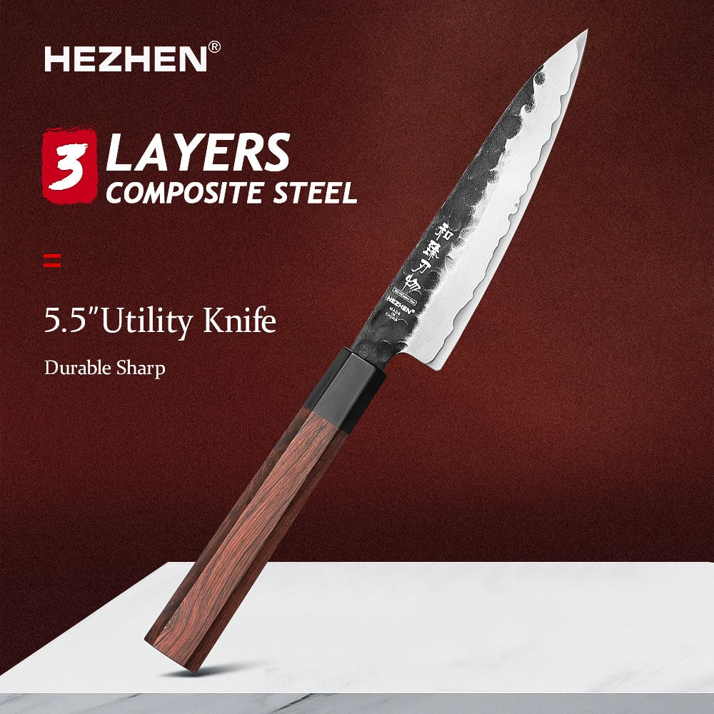 HEZHEN 1PC-5PC Kitchen Knife Set Chef Utility Stainless Steel 3 Layers Composite Steel Santoku Nakiri Kitchen Accessories